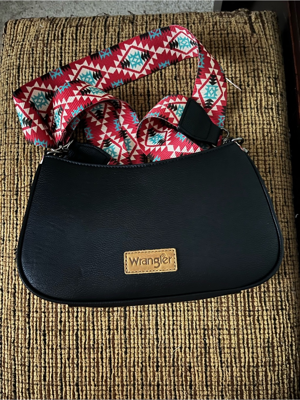 Wrangler Black Shoulder Bag with Red and Teal Patterned Strap